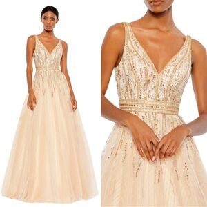 Mac Duggal 48858 V-Neck Embellished Formal Dress‎ Peach Blossom NWT 12